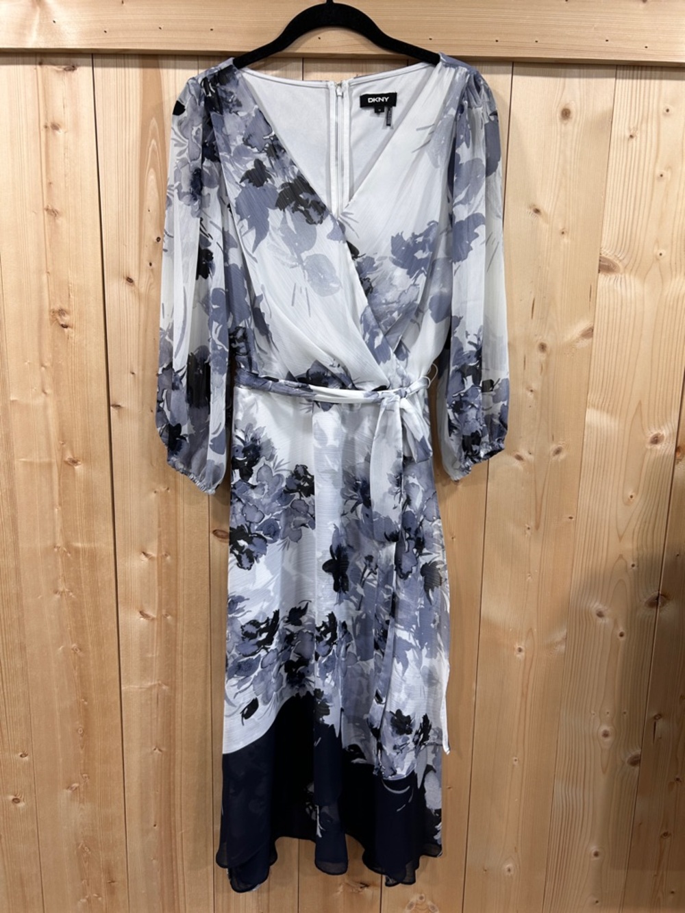 DKNY Navy Floral Balloon Sleeve Faux Wrap Midi Dress Romantic Boho Chic